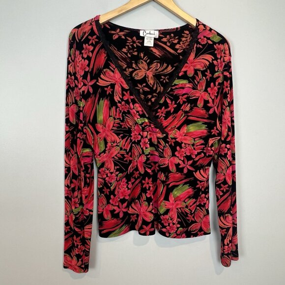 Carducci 90s Y2K Faux Wrap Blouse Size Large Black Red Pink Floral  V Neck Mesh - Picture 3 of 10